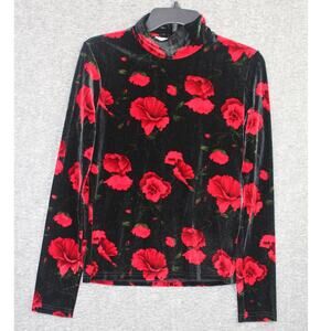 Cache Vintage Red Floral Velvet Turtleneck Top Size Large